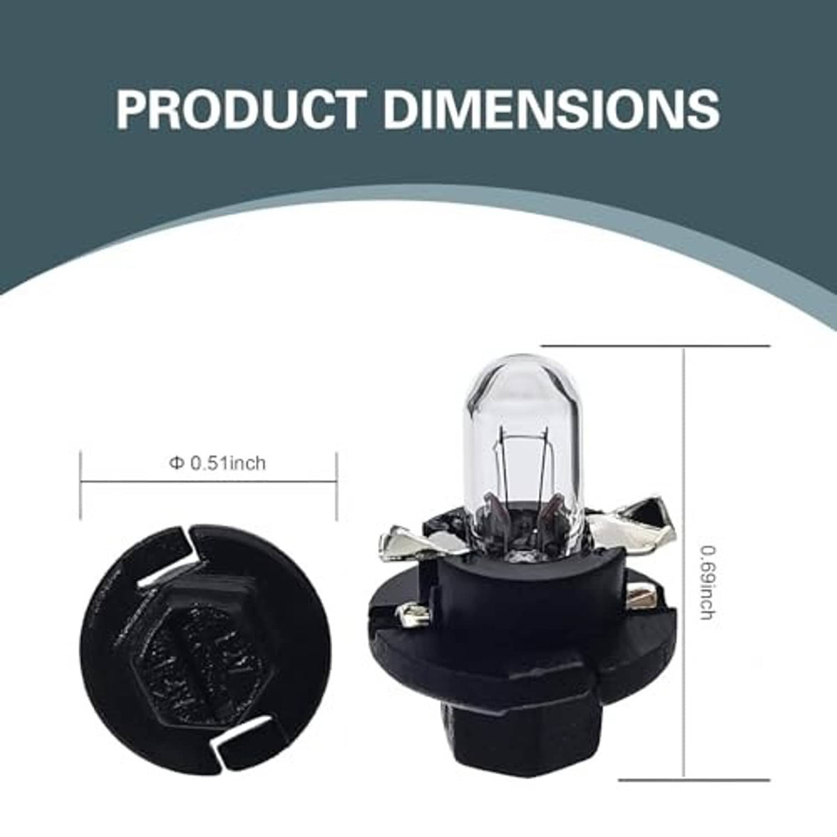 Clear glass dashboard light bulb with black circular base, shown with size diagram