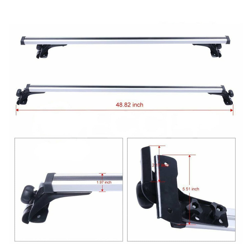 Car roof cross bars with black feet and mounting hardware, silver rails.