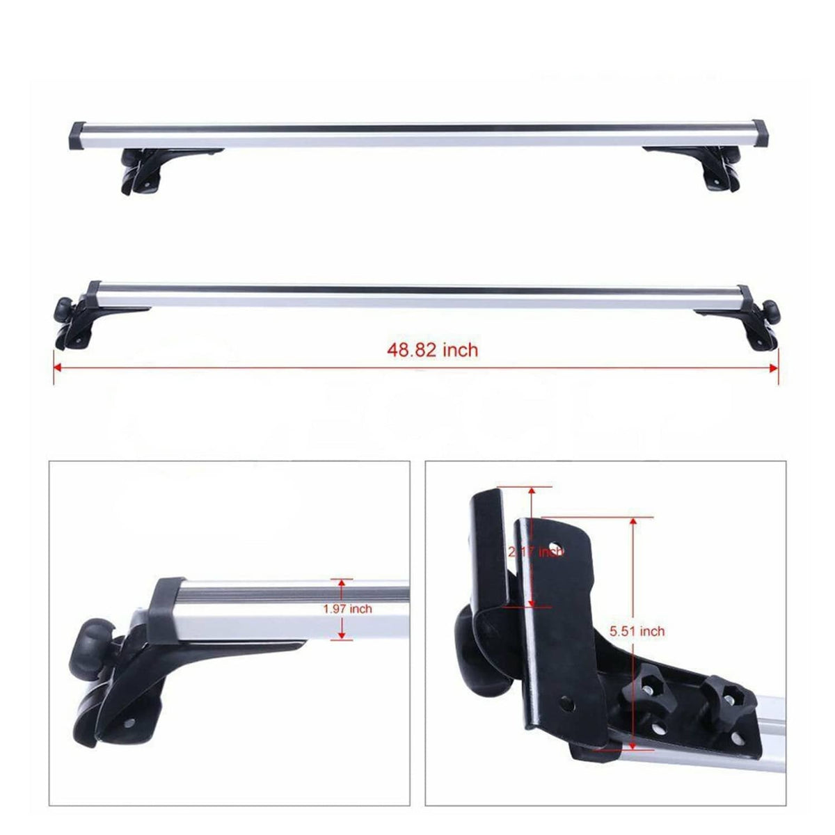 Car roof cross bars with black feet and mounting hardware, silver rails.