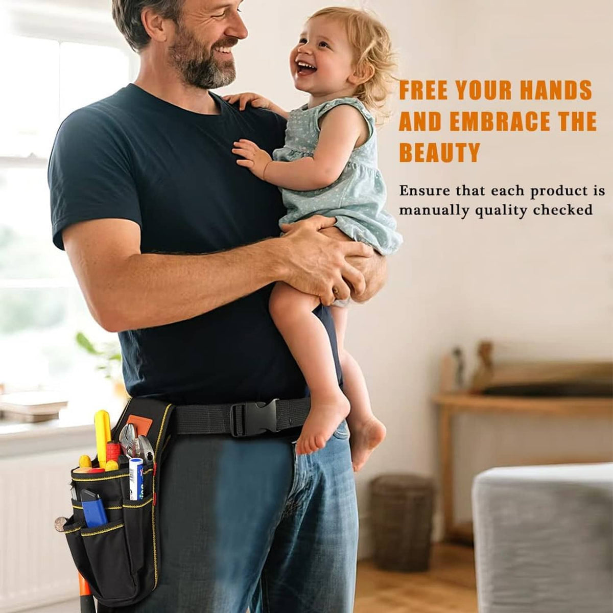 Black tool belt pouch attached at the waist with multiple pocket compartments.
