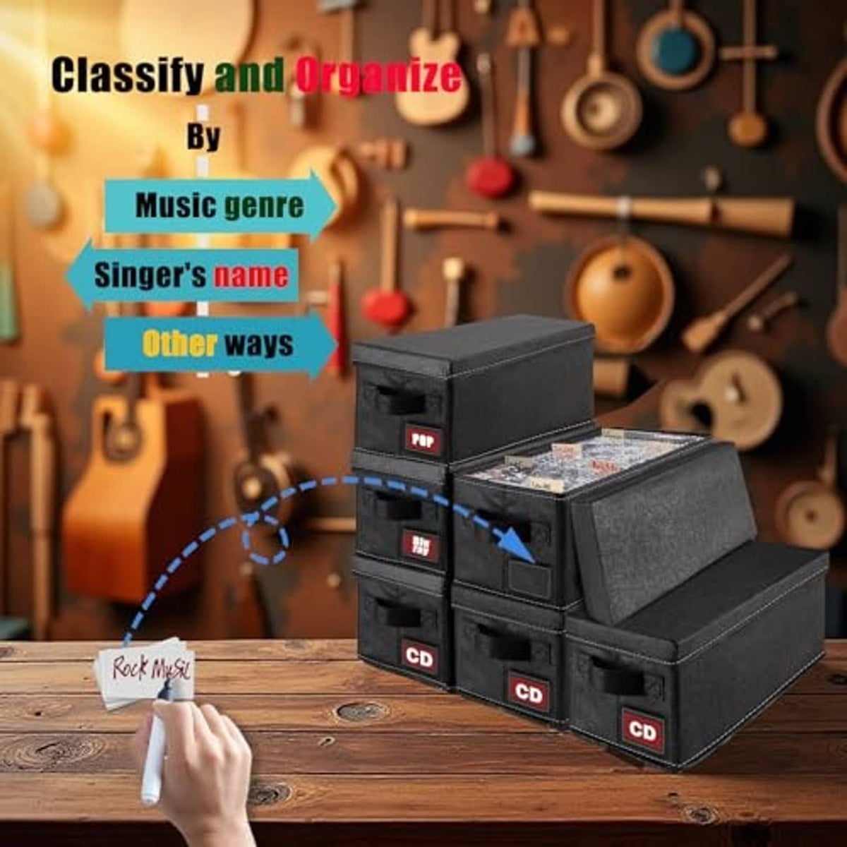 Black CD storage organizer with hinged lid and front drawer compartments for sorting