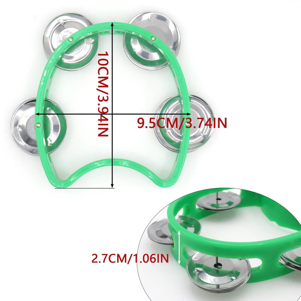 Green plastic handheld tambourine with five metal jingle bells and arched frame