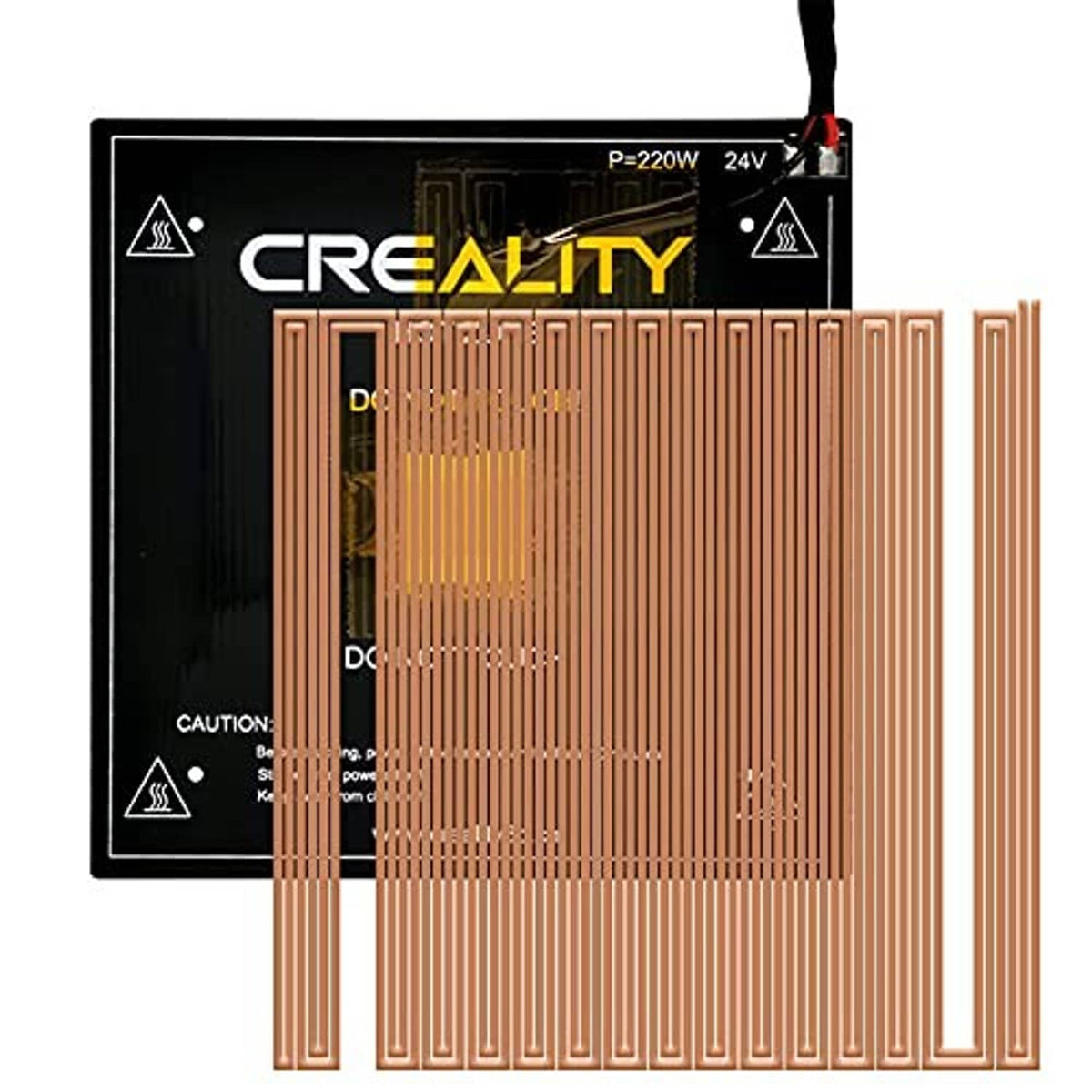 Heated printer bed replacement showing copper heating grid under black plate
