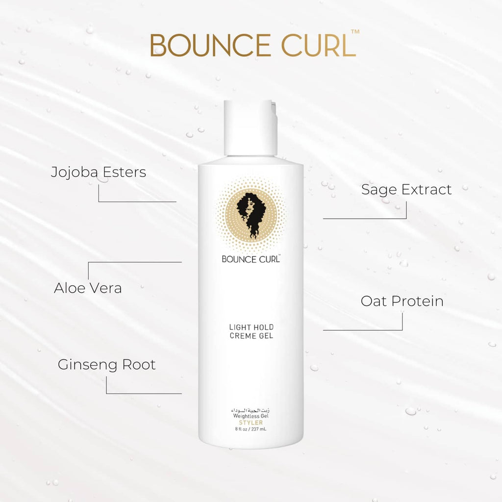 Light hold creme gel bottle with ingredient icons