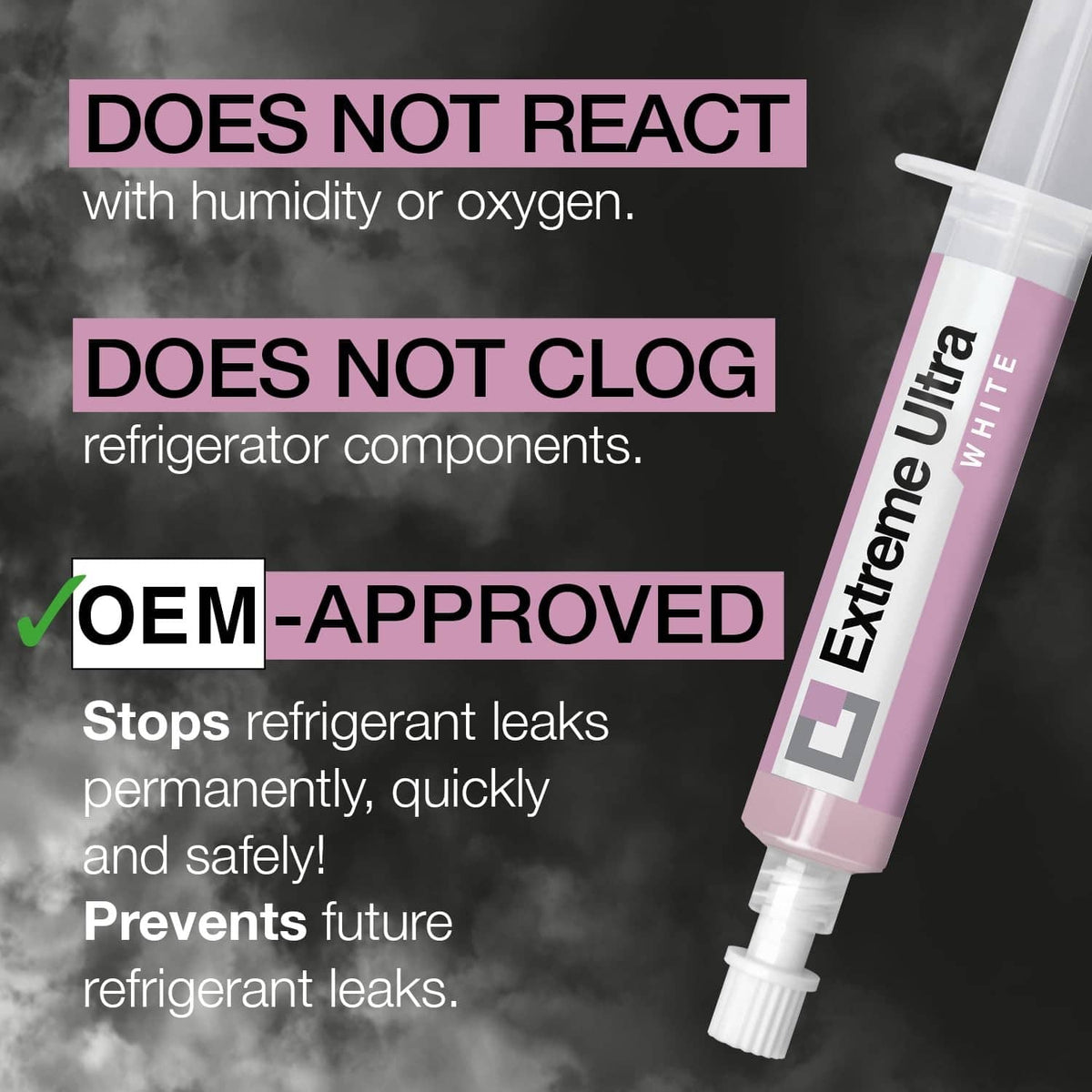White injector syringe for refrigerant leak sealing with pink branding panel