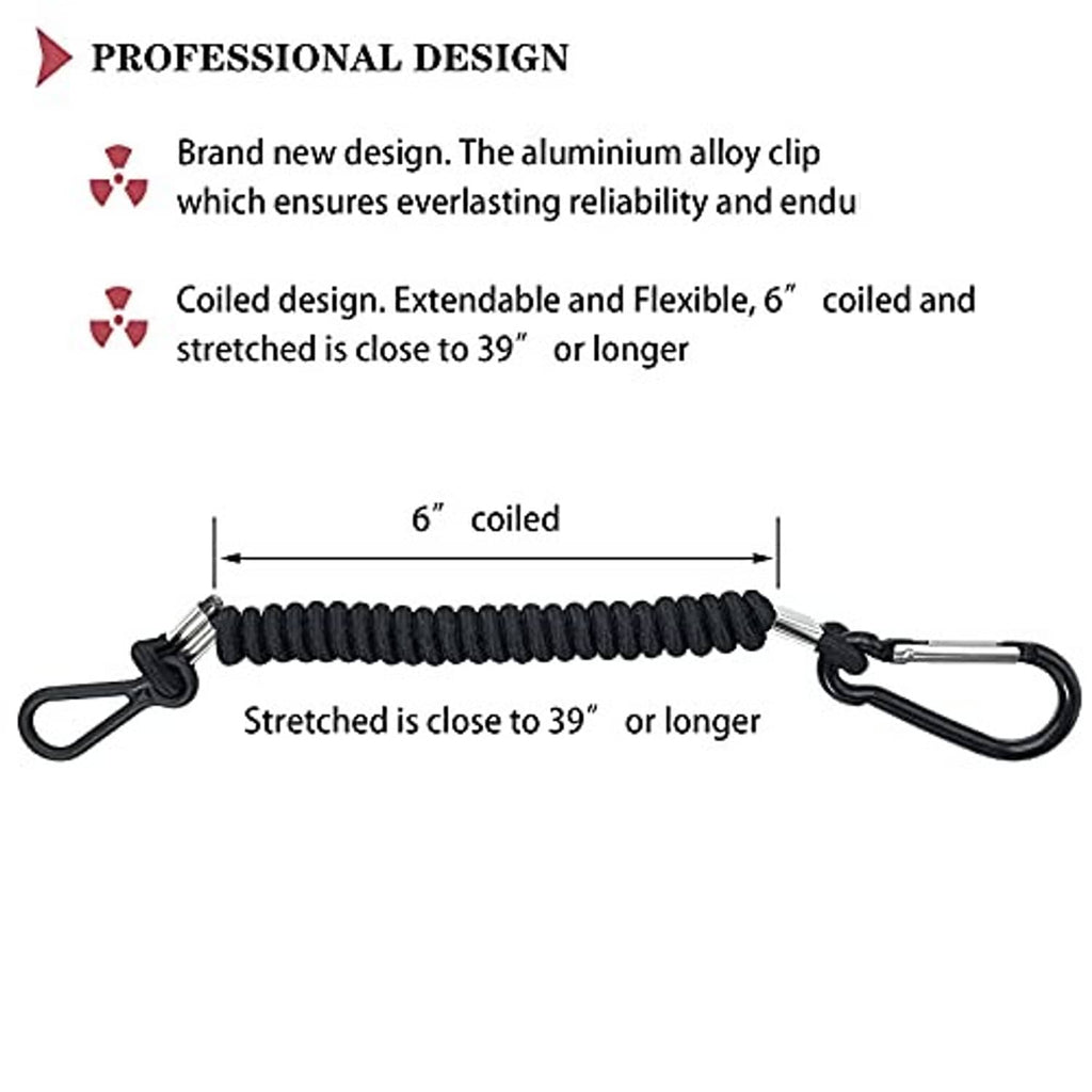 Black coiled emergency stop lanyard cord with two loop clips and metal connector.