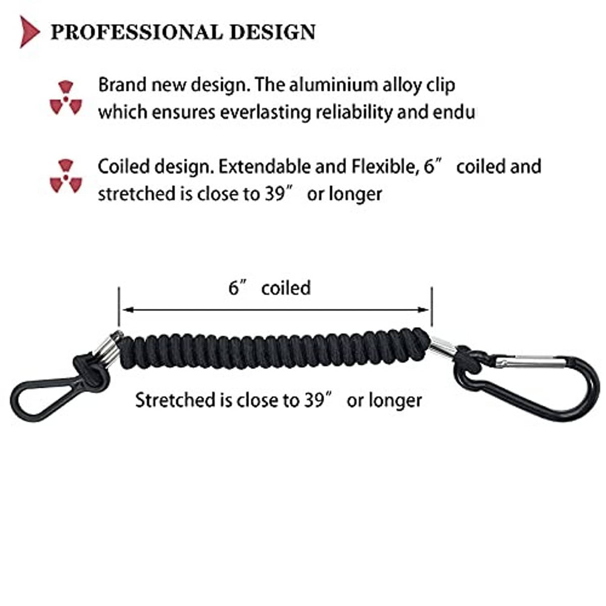 Black coiled emergency stop lanyard cord with two loop clips and metal connector.