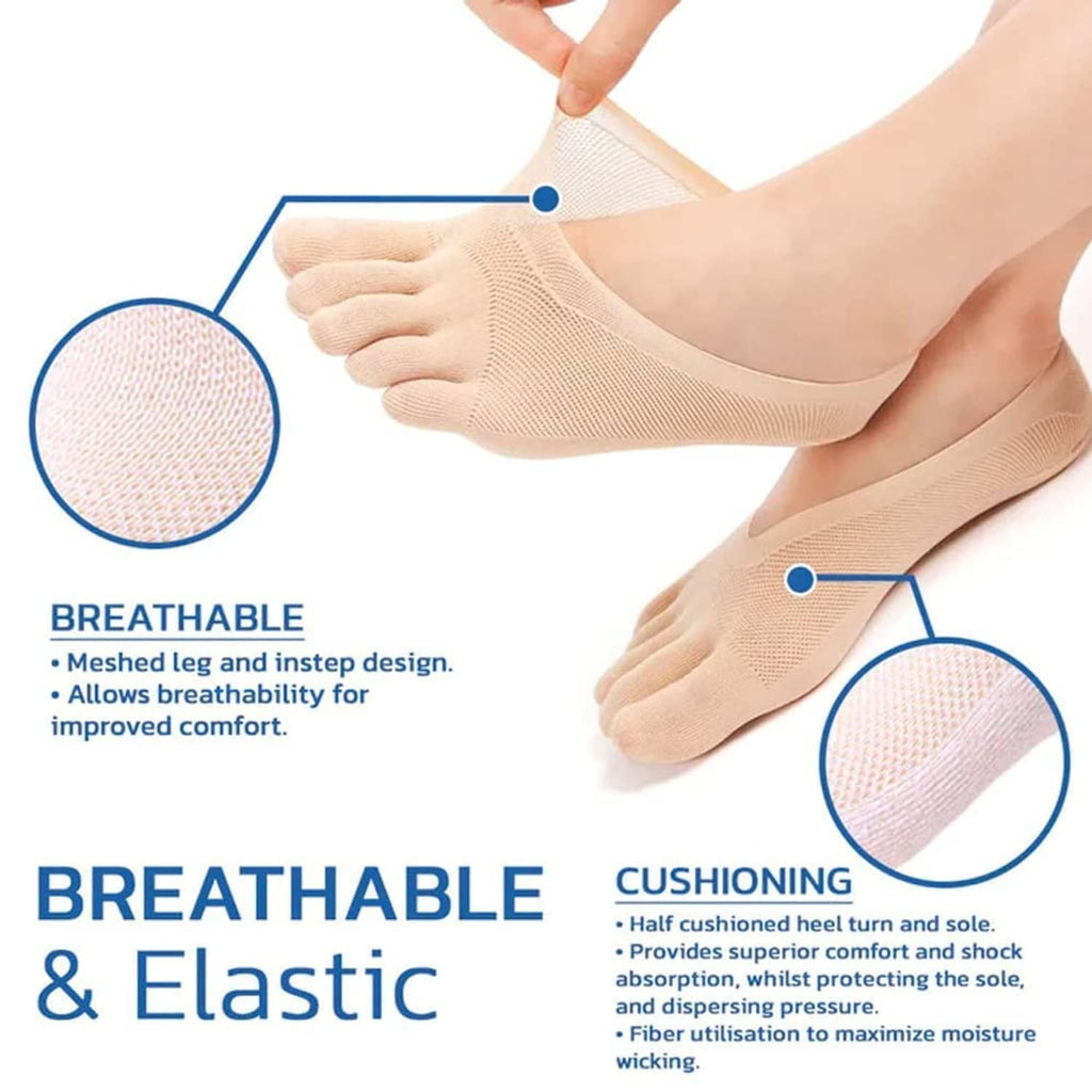 Beige breathable five-toe no-show socks shown on foot with mesh detail close-up circle