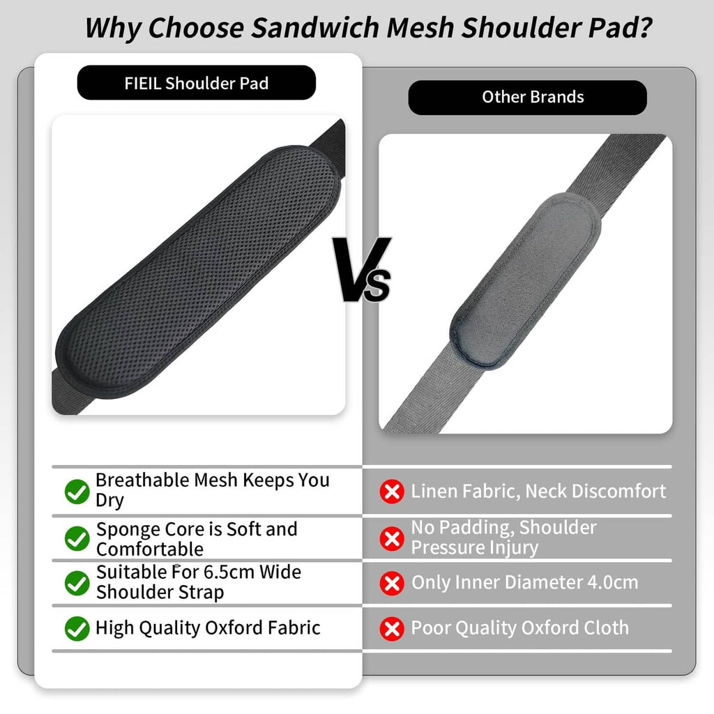 Breathable mesh shoulder pad comparison graphic showing dark strap pad design