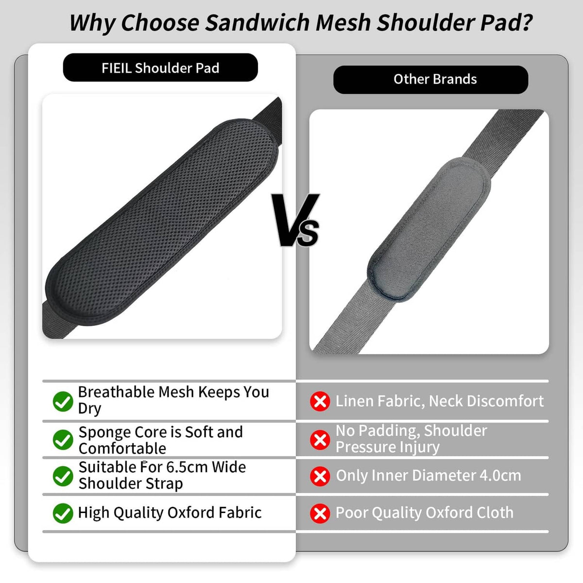 Breathable mesh shoulder pad comparison graphic showing dark strap pad design