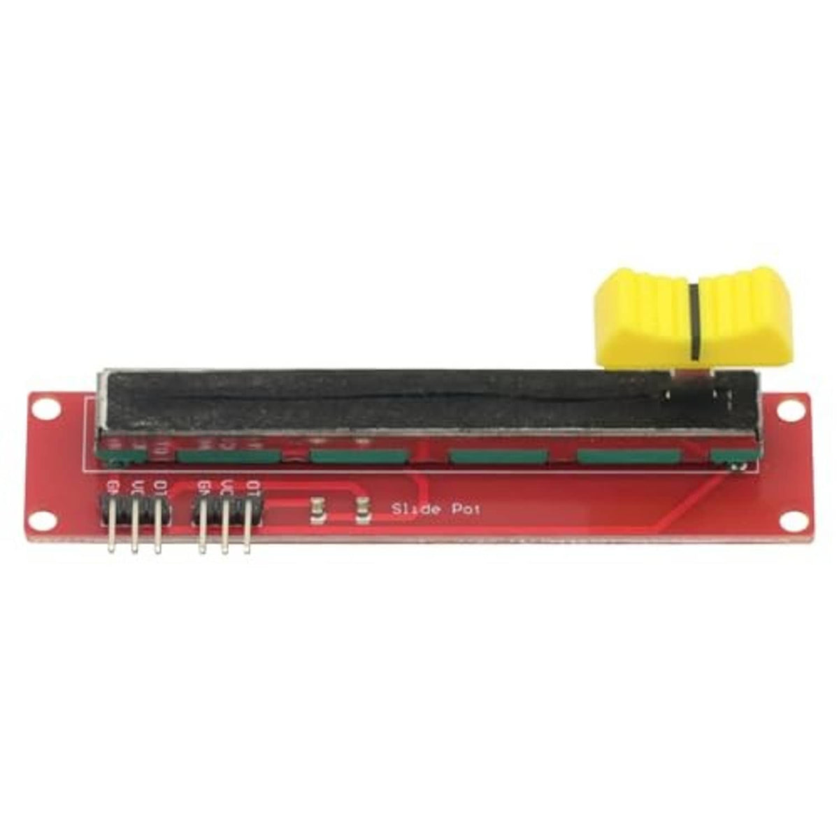 Slide potentiometer module front side with yellow slider knob on red PCB and pin header