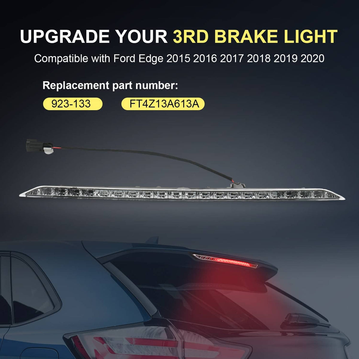 Red LED third brake light bar installed with glowing red light strip