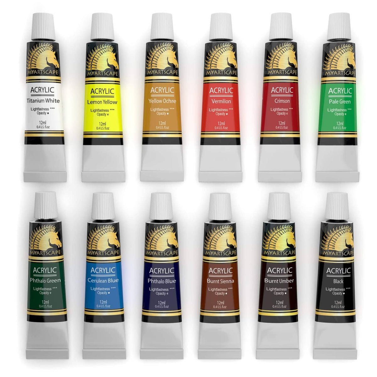 Row of acrylic paint tubes, assorted colors, white caps