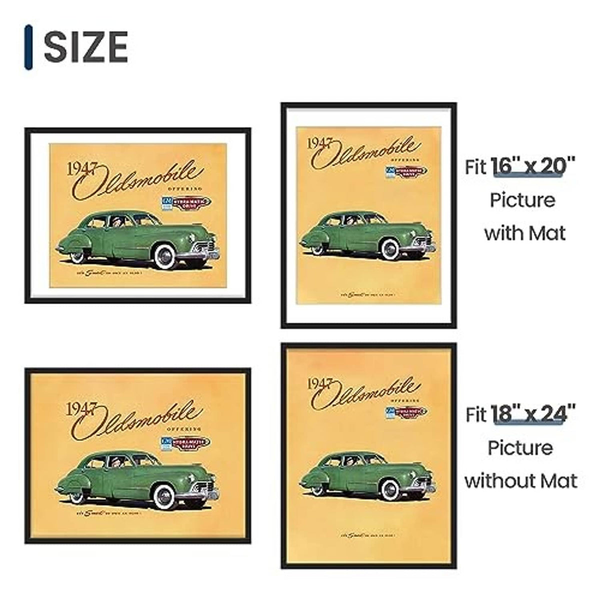 Wall display guide showing black frames sized for poster with or without a mat