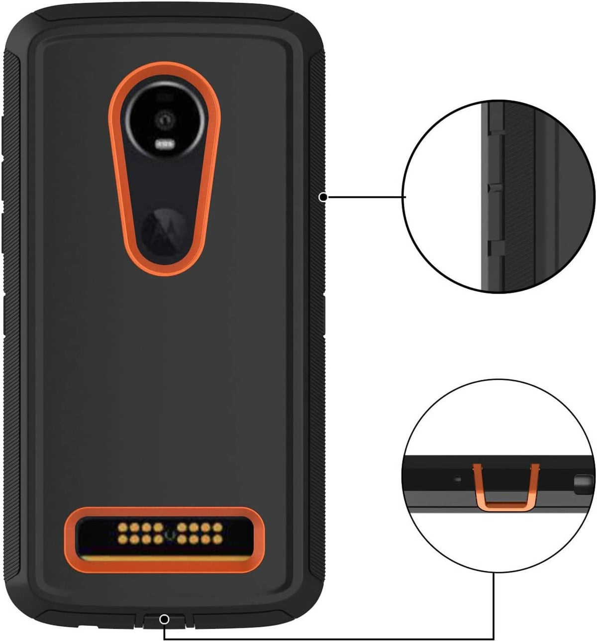 Rugged black phone case with orange edging, camera and bottom port cutouts