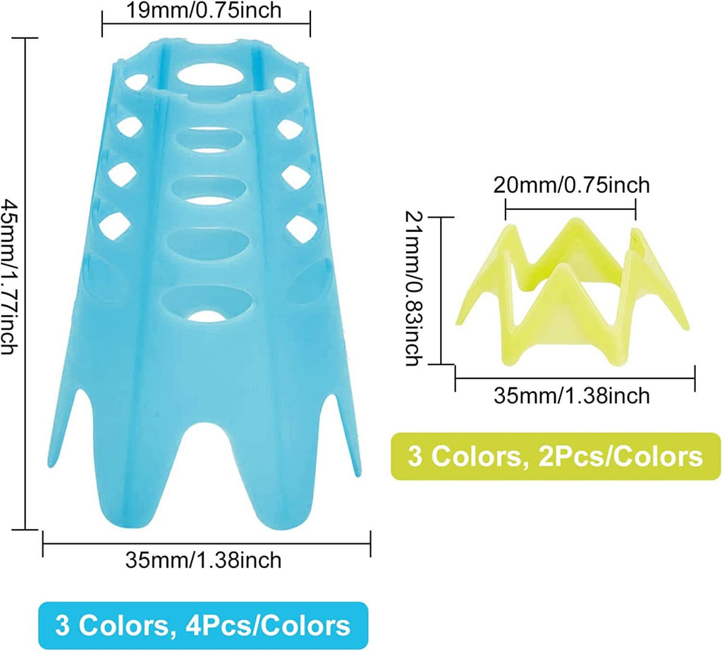 Blue plastic golf practice tee with rounded top and side hole pattern; size diagram