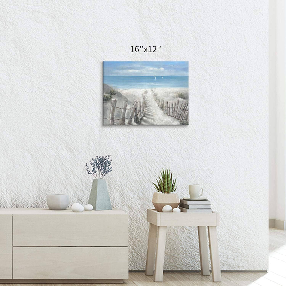 16x12 coastal beach canvas artwork with sandy walkway, fence lines, and sailboats