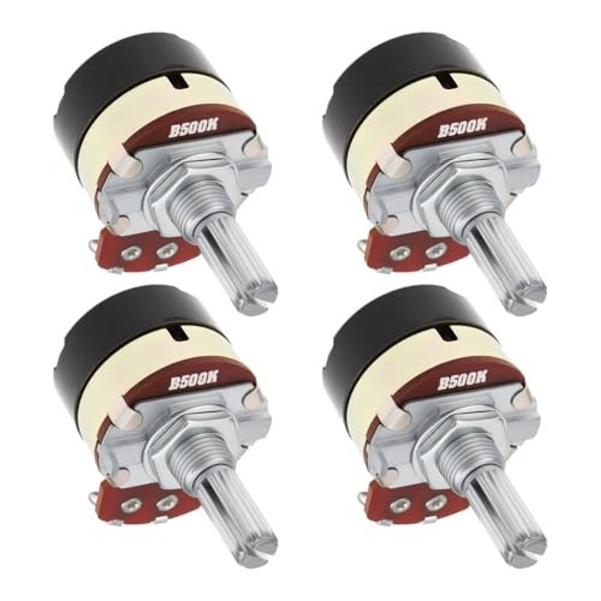 Four rotary variable resistors with black tops, beige caps, and metal shafts