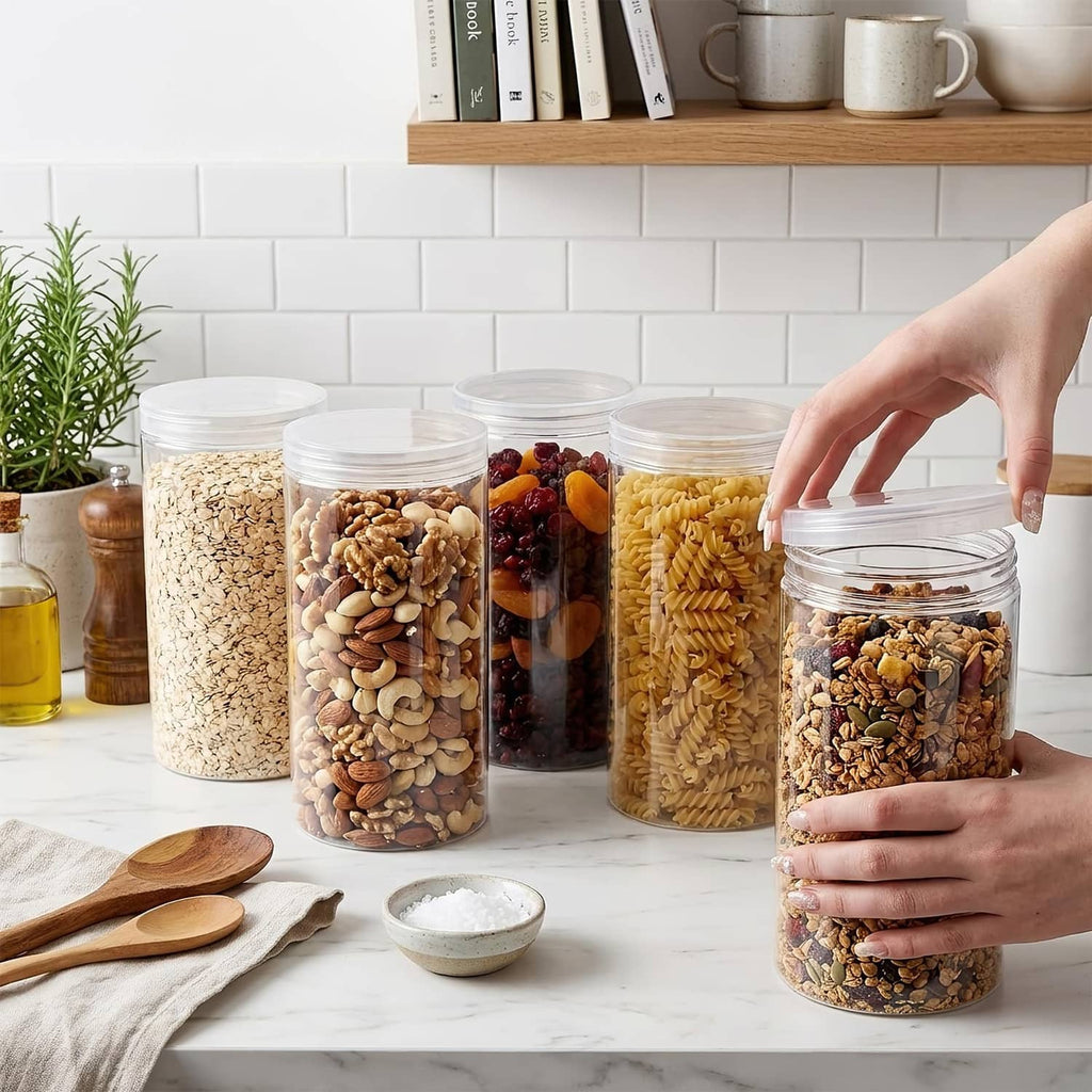 Transparent clear plastic round jars with lids for organized pantry ingredients