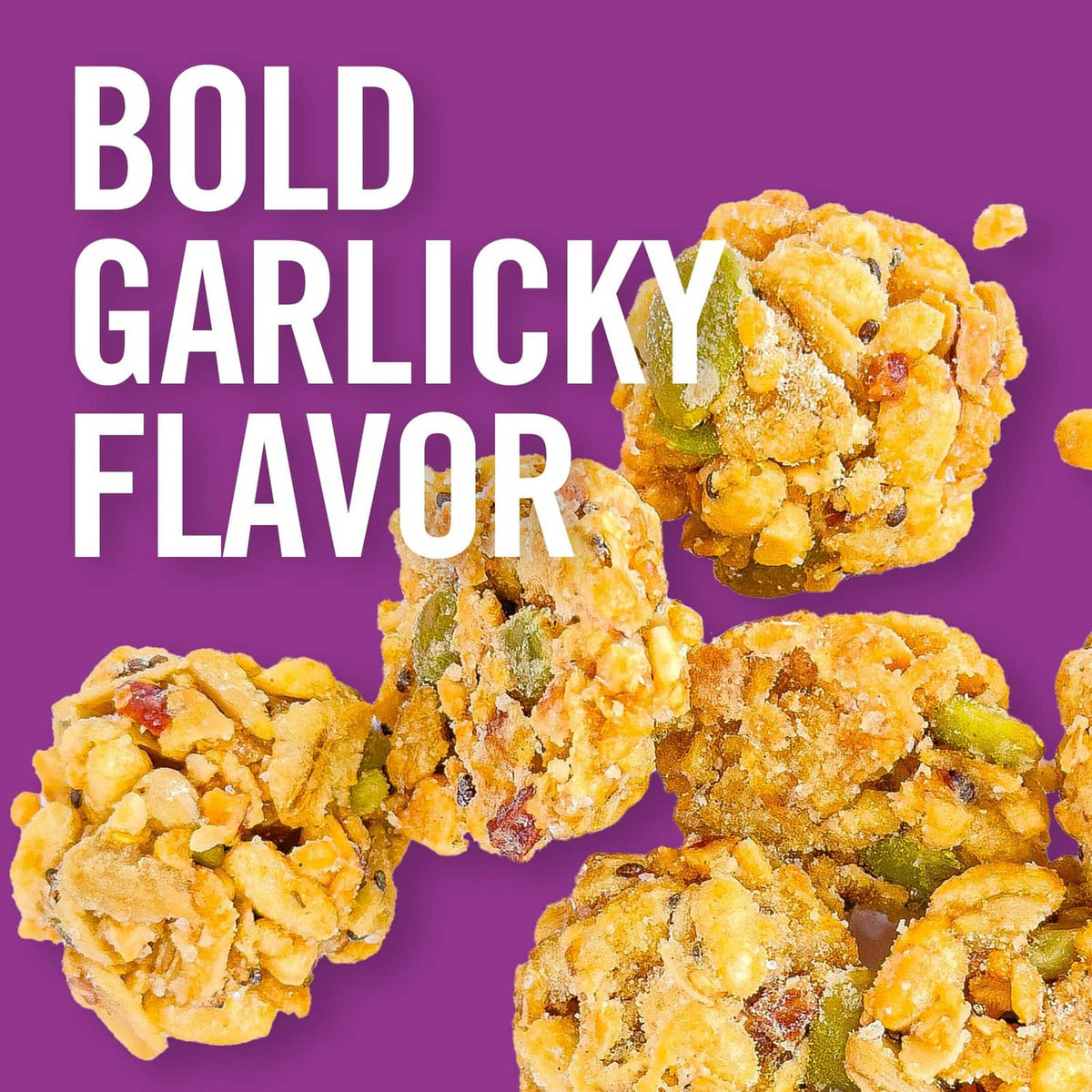 Toasted garlic flavored snack bites cluster illustration with crunchy pieces