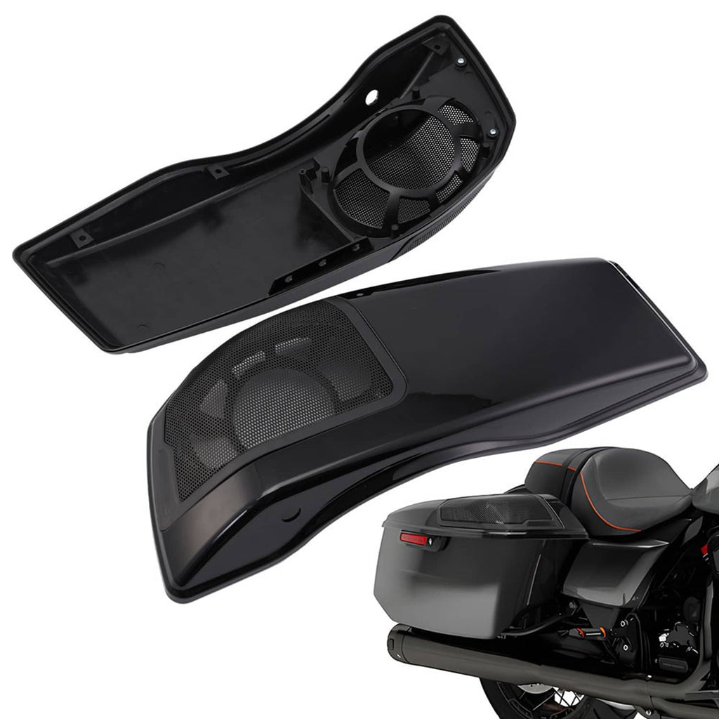 Black speaker lid set for saddlebags, showing front grilles and inner mounting backing