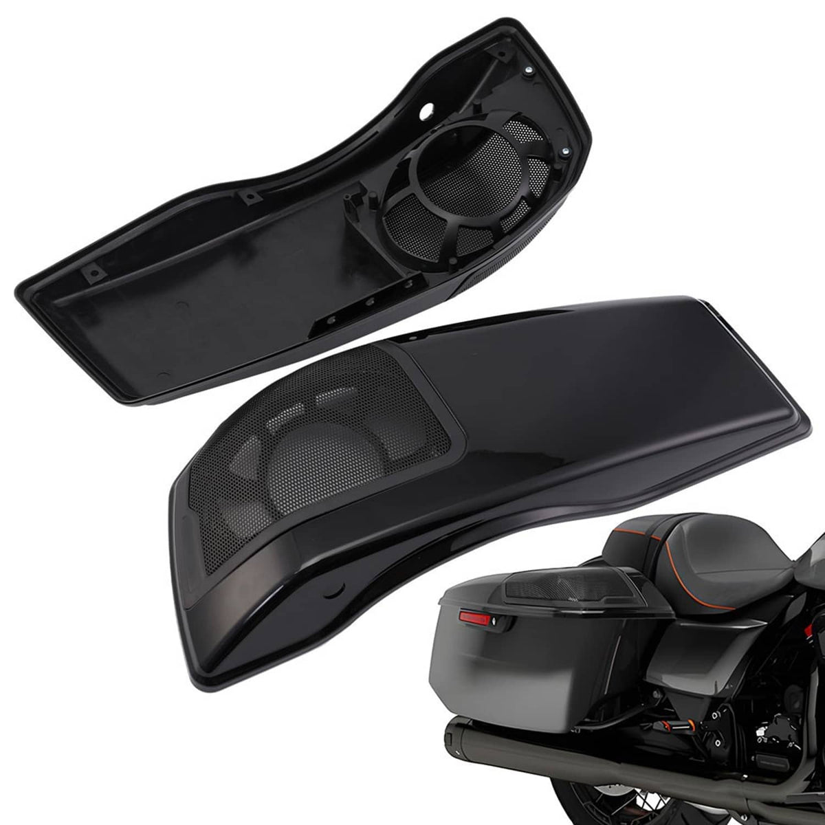 Black speaker lid set for saddlebags, showing front grilles and inner mounting backing
