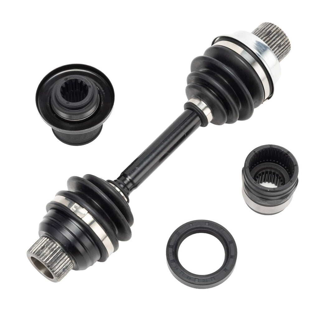 Front drive shaft coupler kit with two-piece joints, boots, and rubber seals.