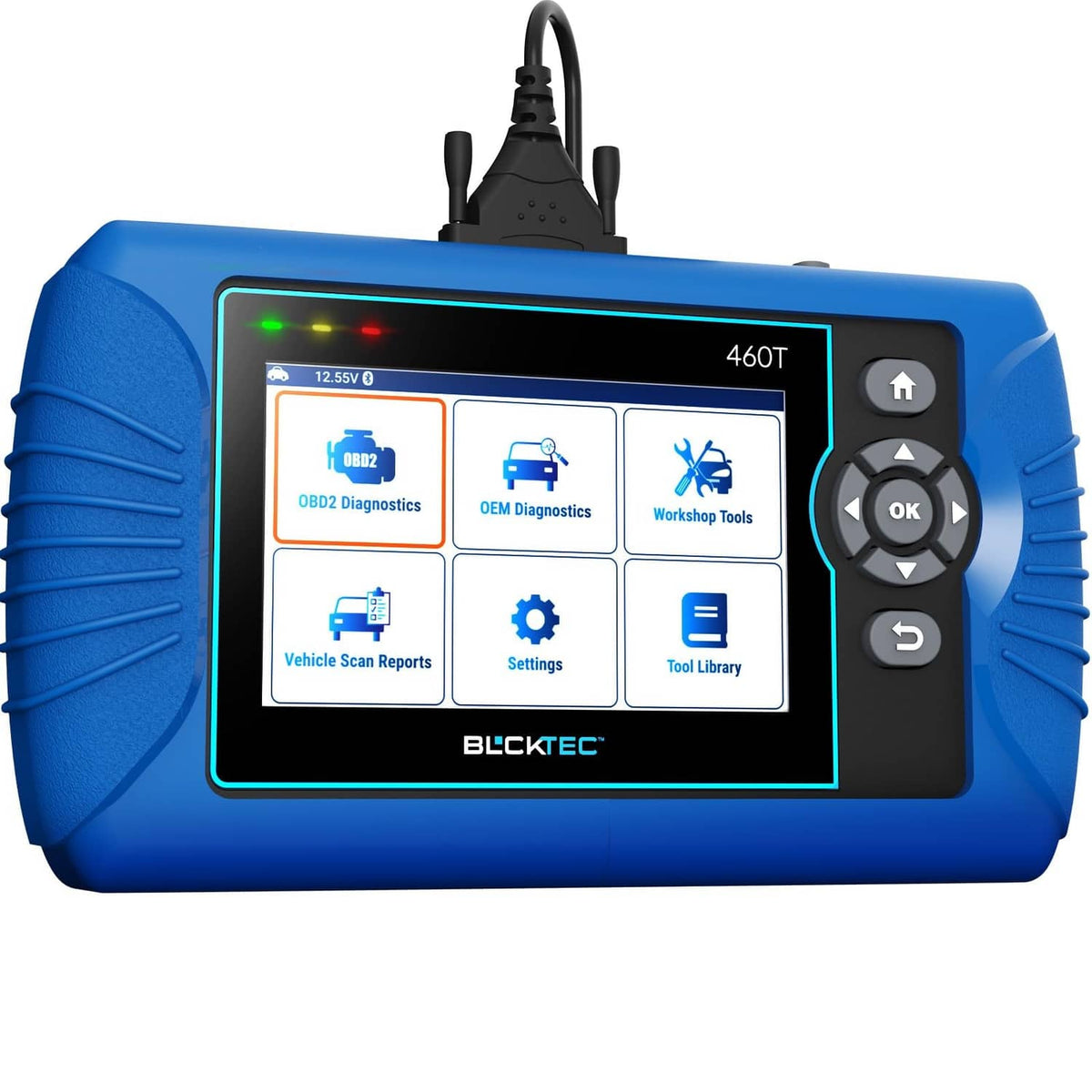 Blue OBD2 car code scanner with color display and side buttons