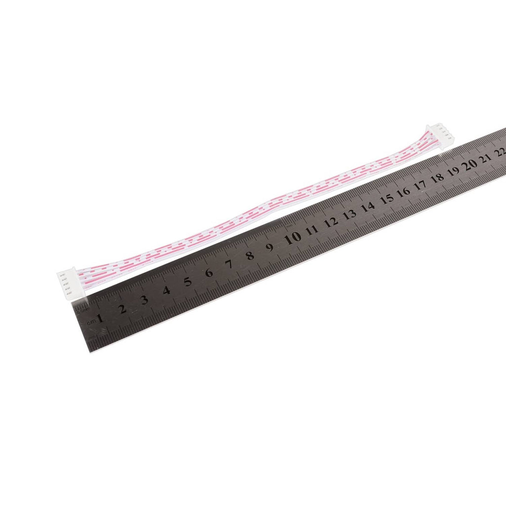 5-pin ribbon cable with white connector and red stripes, measured on a ruler