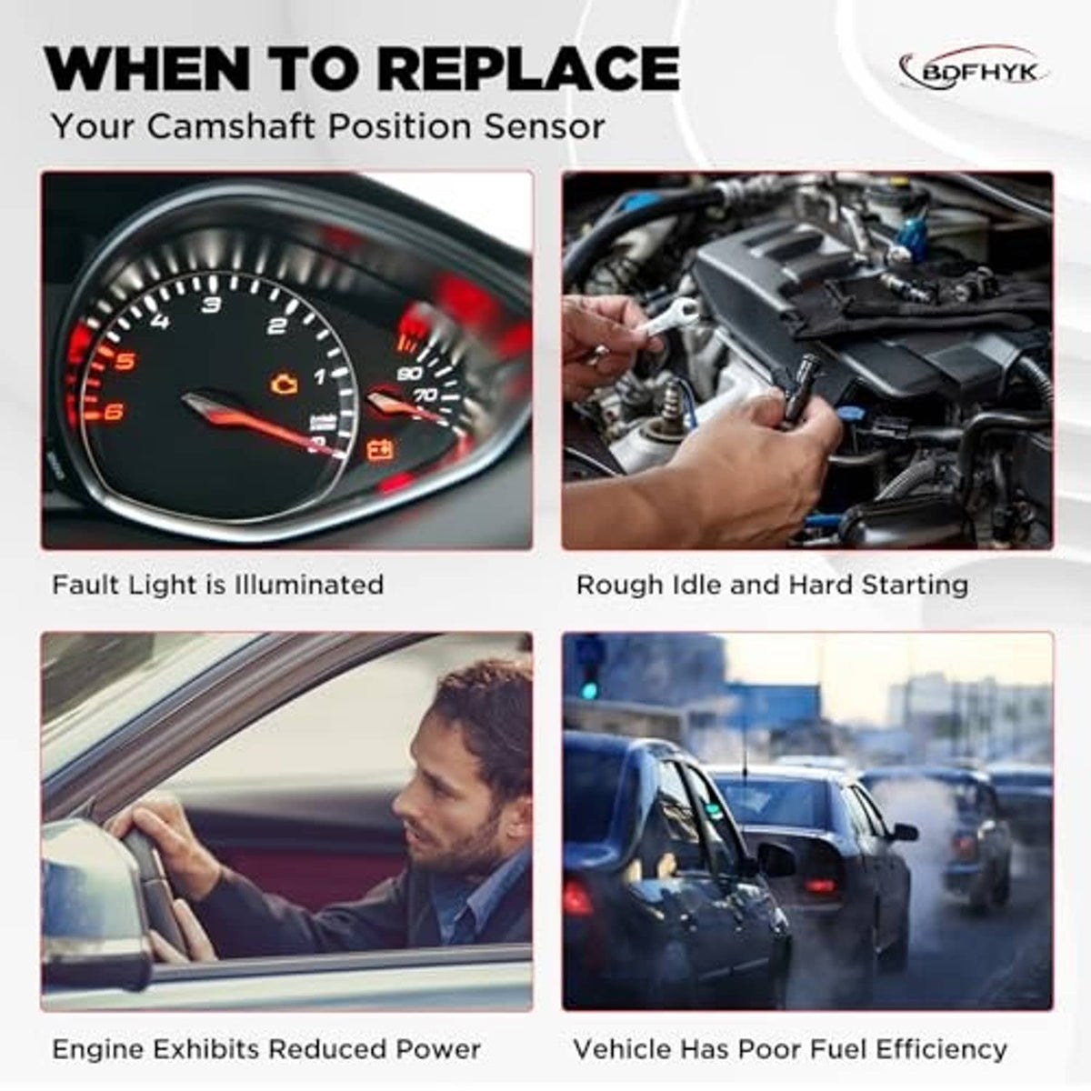 Camshaft position sensor replacement scenes with dashboard, engine bay, and driving photos