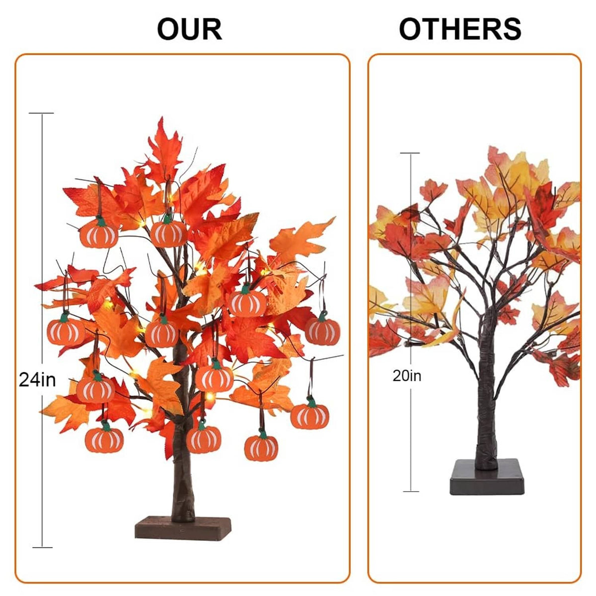 Standing fall tree decoration with orange maple leaves, warm LED lights, and hanging pumpkin ornaments