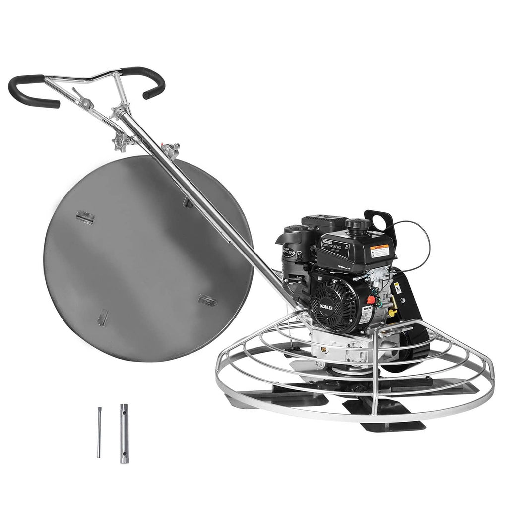 Walk-behind cement power trowel with large gray float blade, guard frame, and engine