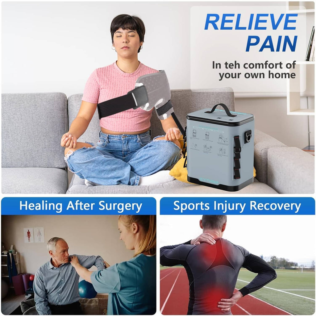 Gray cold therapy machine with shoulder pad for home recovery use