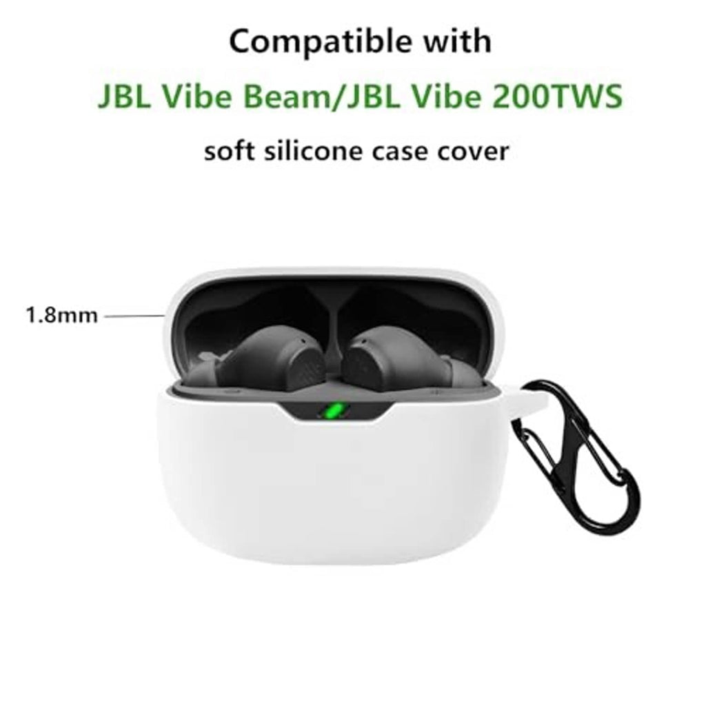 White earbud case cover with open lid, earbuds inside, and black clip lanyard