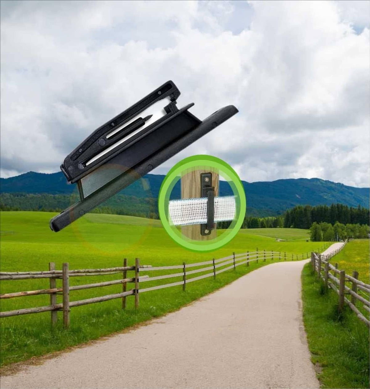 Electric fence polytape insulator attached to fence post, black mounting clip