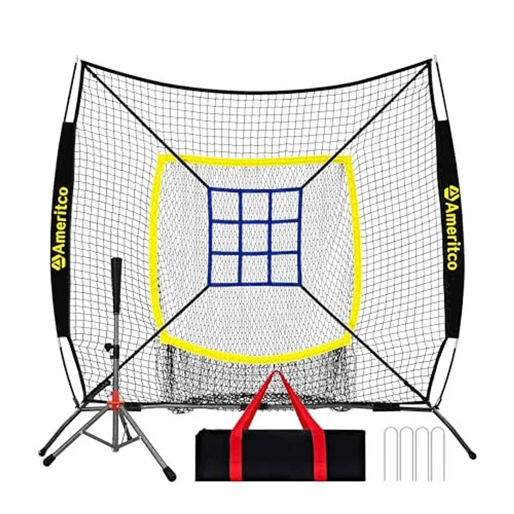 Baseball practice net in black fabric with blue strike zone grid and tee