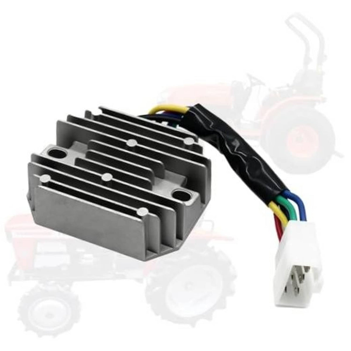 Voltage regulator rectifier with finned aluminum heatsink and multi-wire connector plug