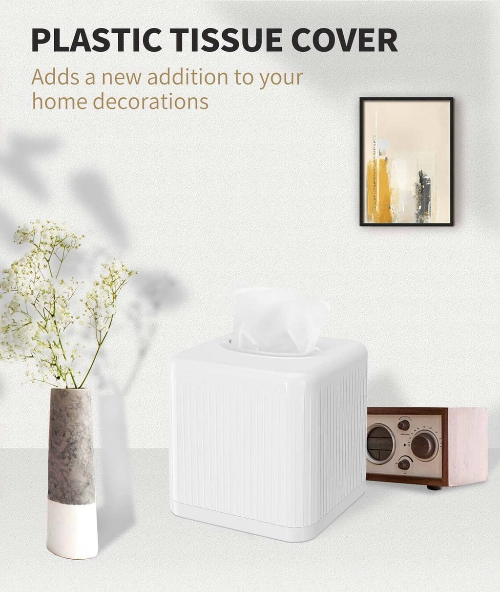 Square white plastic tissue box cover with open top and ridged side panels.
