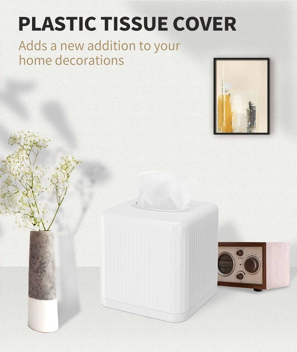Square white plastic tissue box cover with open top and ridged side panels.