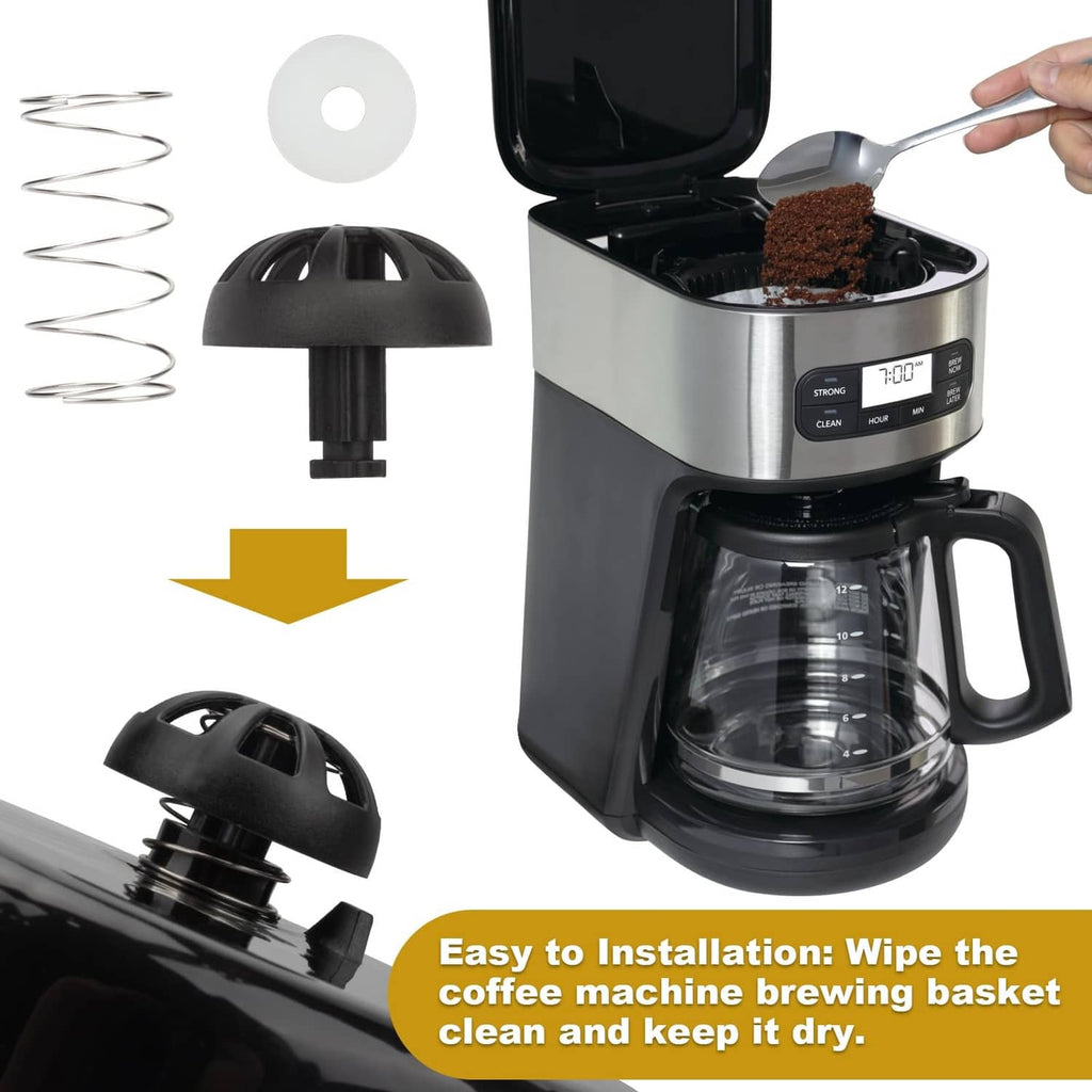 Black spring-loaded brew basket stopper kit with coil spring and white gasket disc