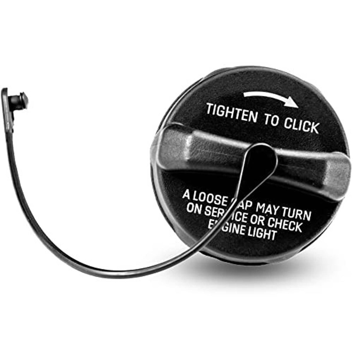 Fuel gas cap with tether cable, black round cap with arrow and "Tighten to Click"