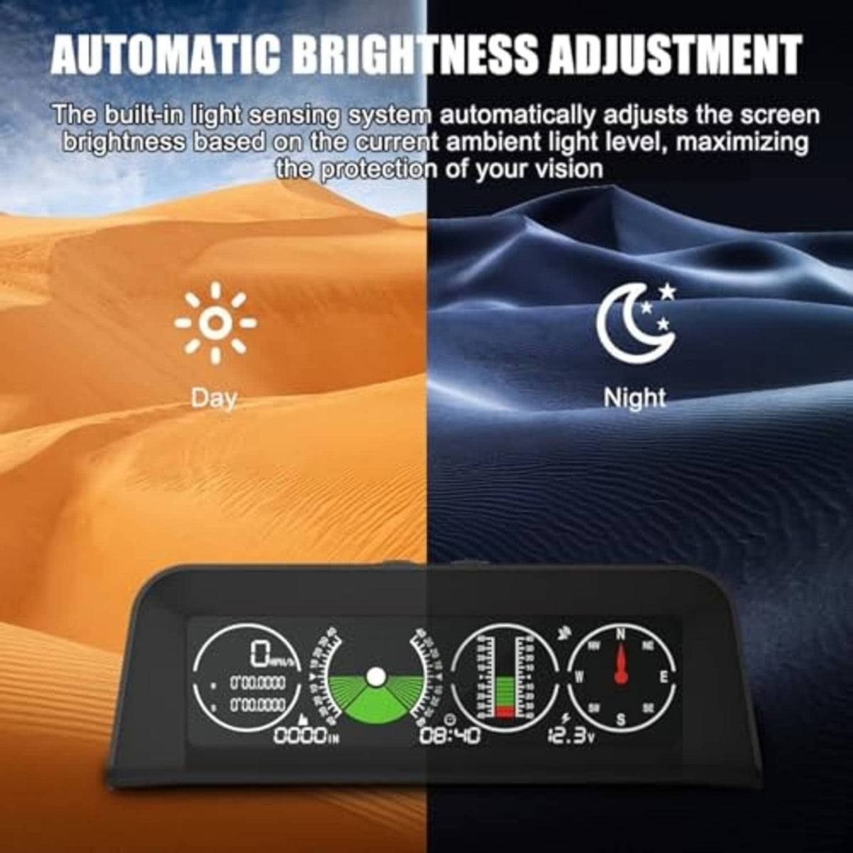 Car HUD inclinometer with automatic brightness day/night adjustment and gauge display