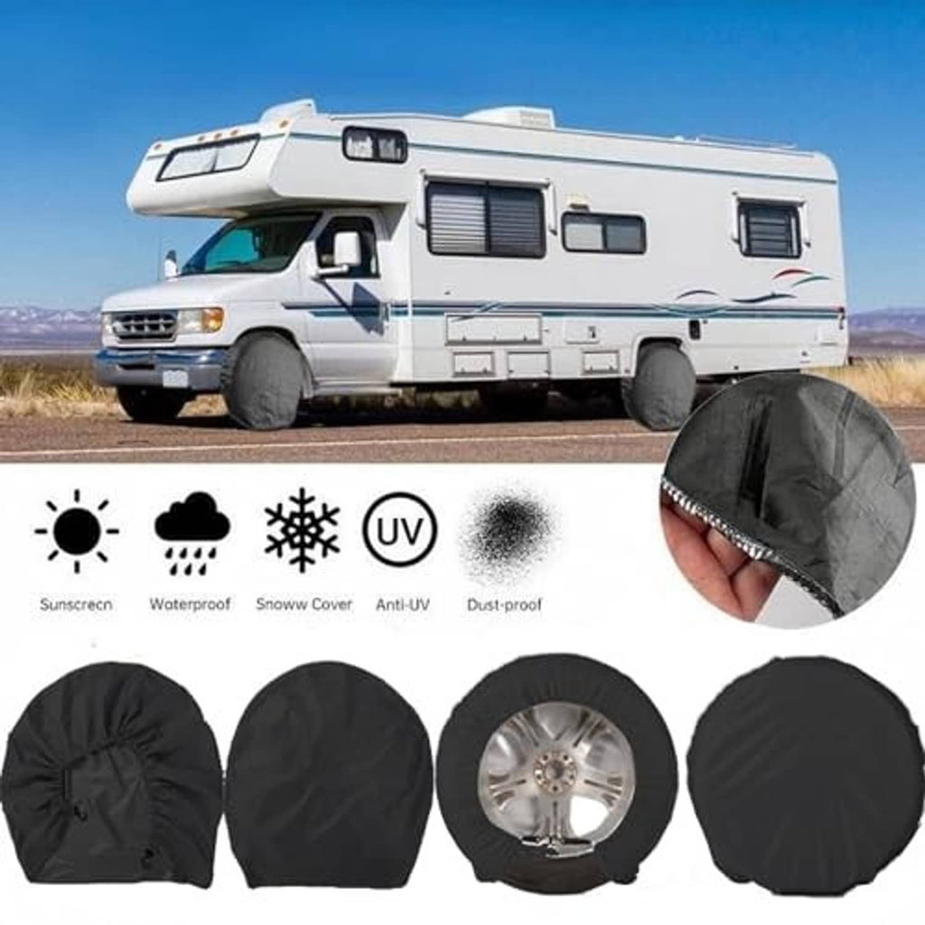 Set of black RV wheel tire covers with dust-proof and UV-resistant fabric