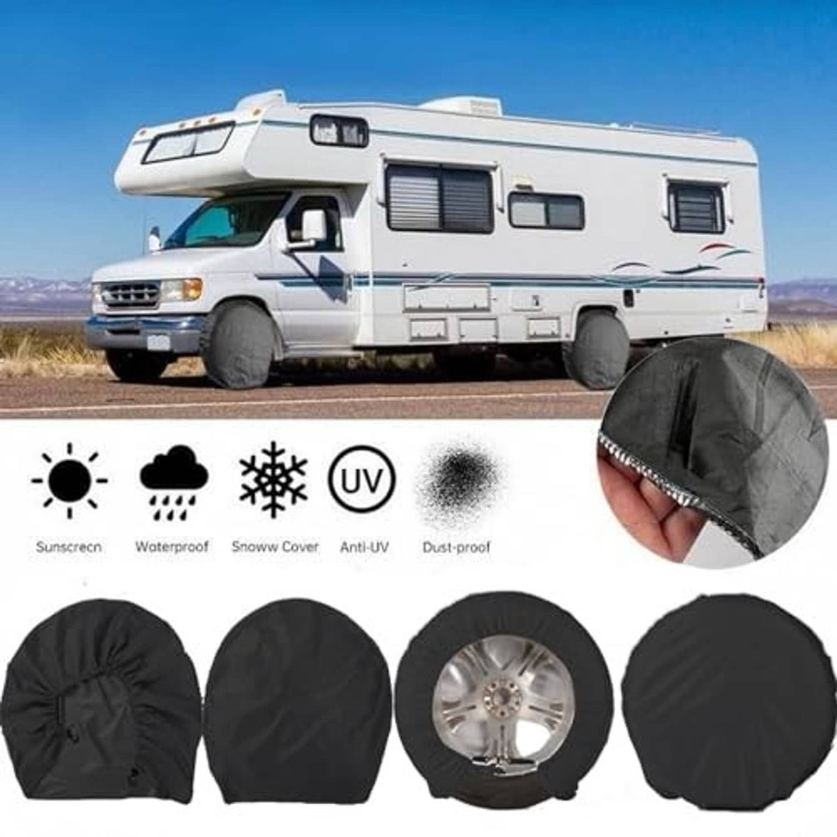 Set of black RV wheel tire covers with dust-proof and UV-resistant fabric