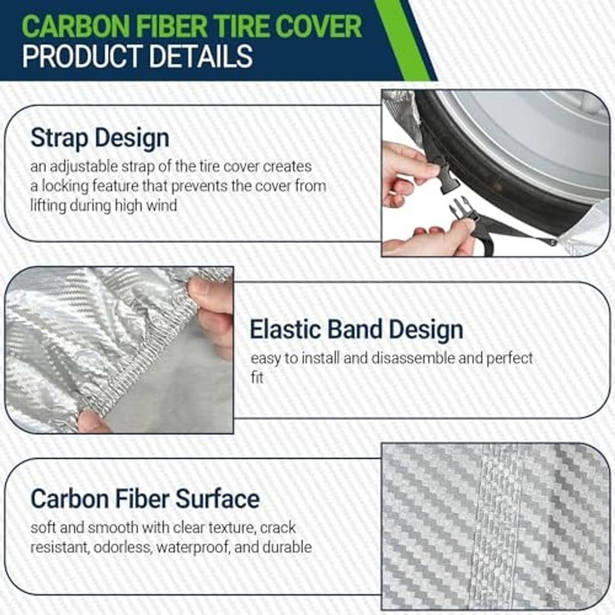 Tire cover detail: adjustable strap, elastic band, and smooth textured surface
