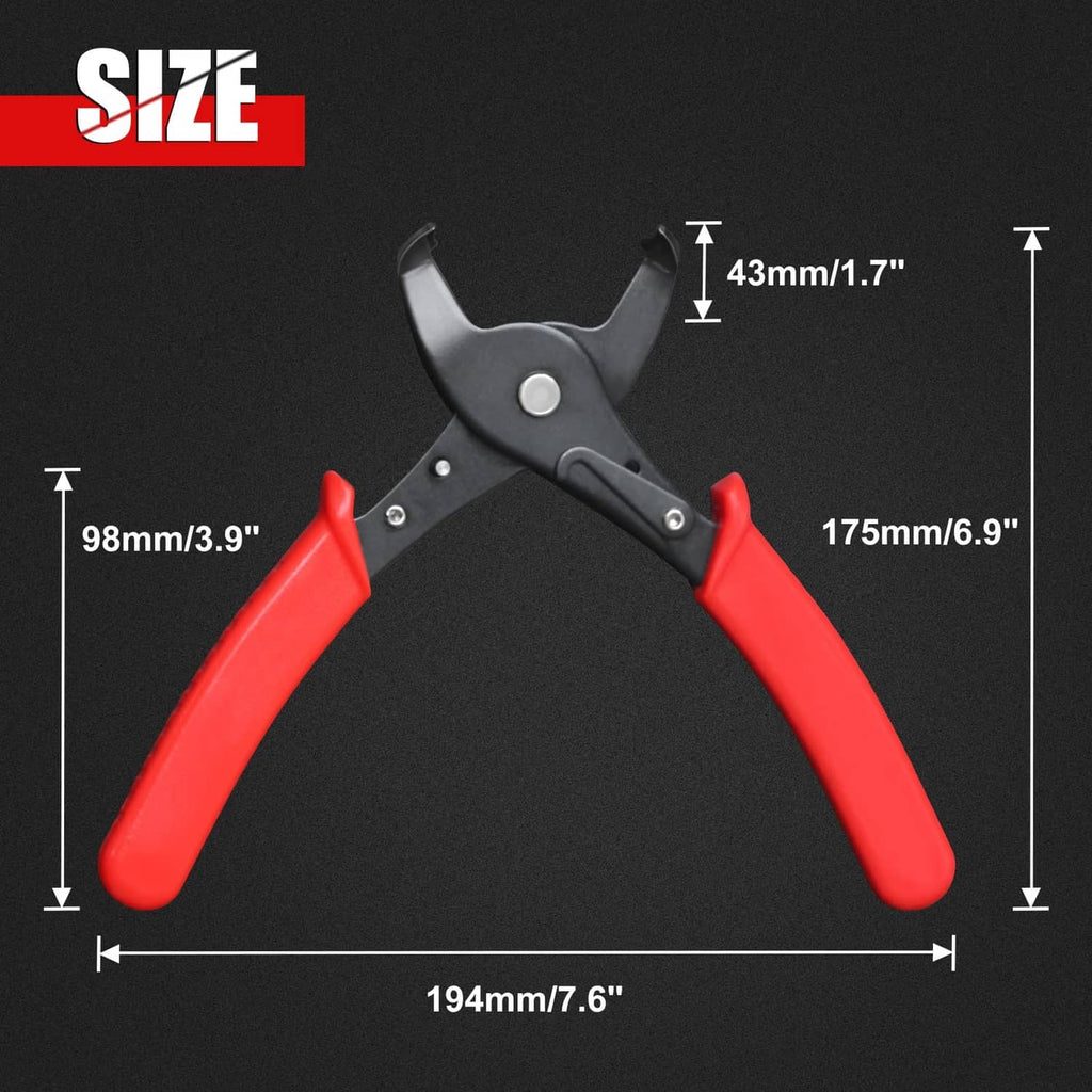 Strain relief bushing pliers, black curved jaws on red handles with metal pivot rivet