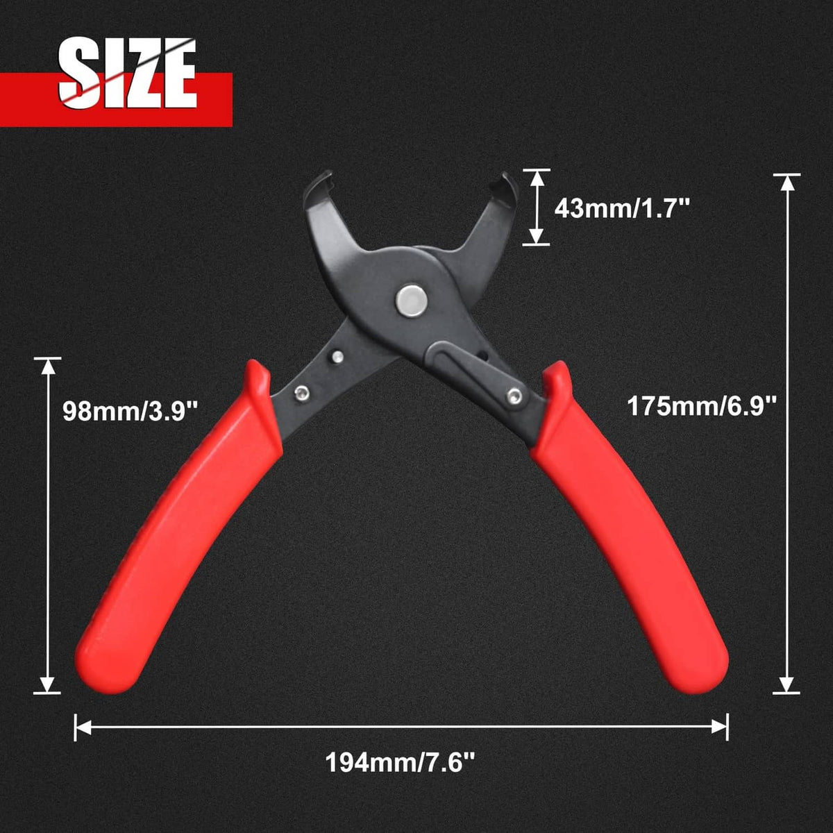 Strain relief bushing pliers, black curved jaws on red handles with metal pivot rivet