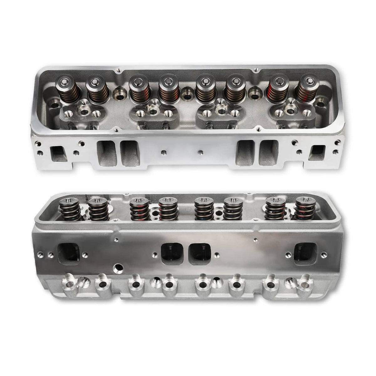 Aluminum cylinder head set showing valve springs on top and ports on underside