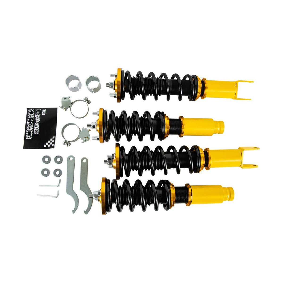 Set of adjustable coilover shocks with black coil springs and yellow dampers, with accessories