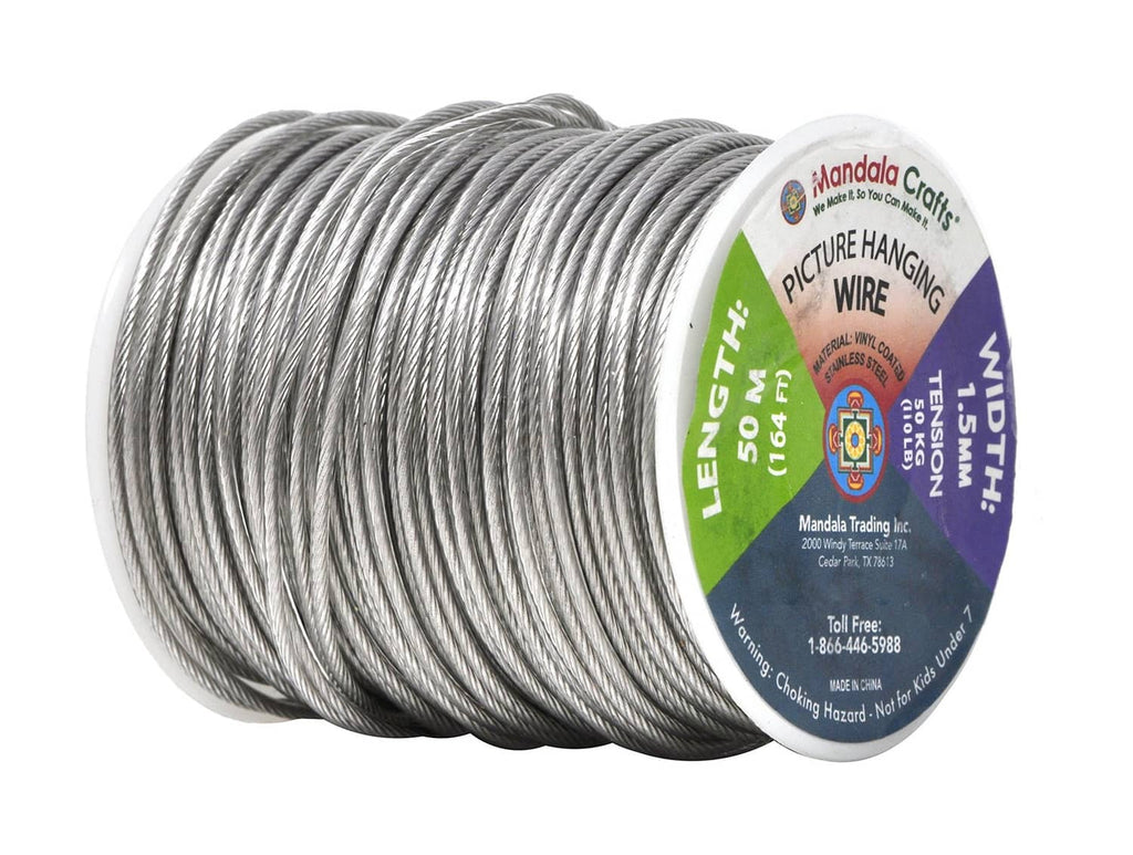 Coiled gray picture hanging wire roll with product label